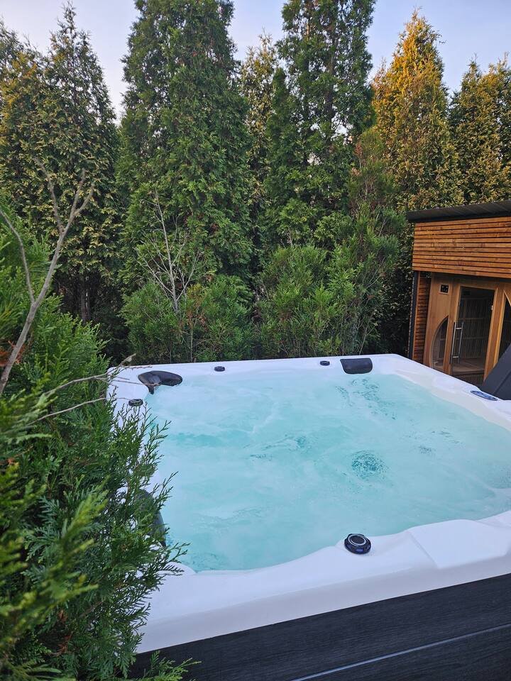 Garden with ambient pathway lighting at night