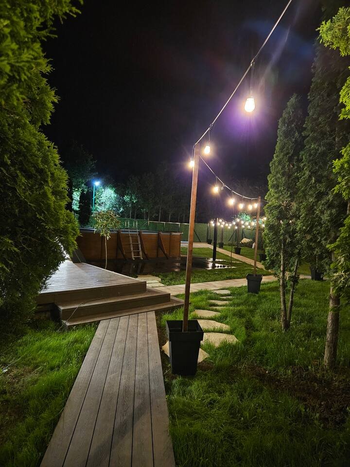 Living room wide angle with warm wooden interior