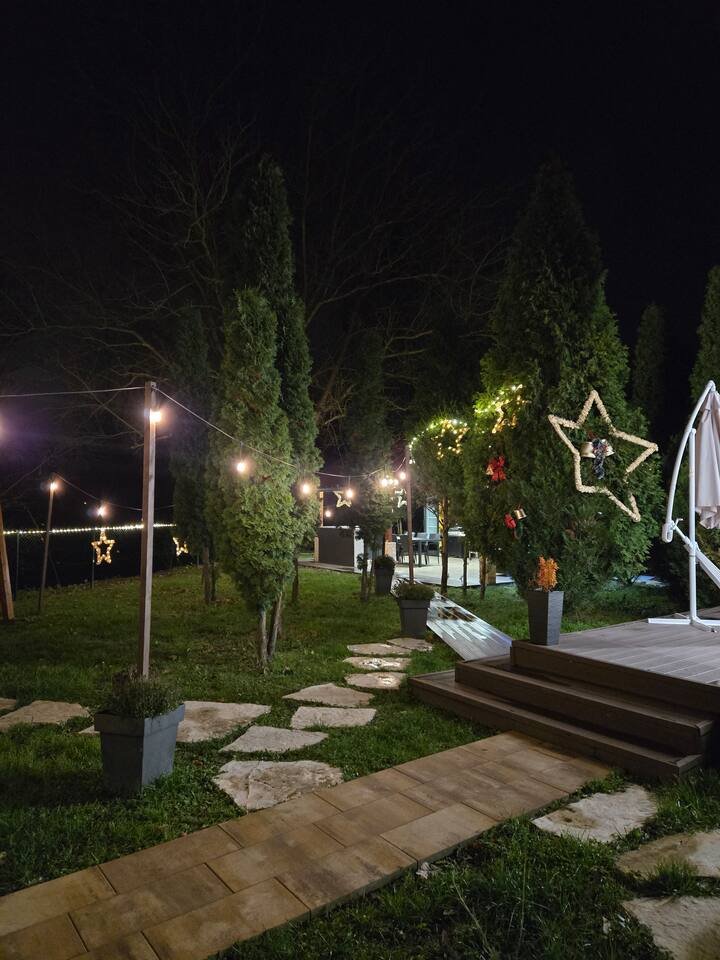 Winter scene with Christmas star decorations in snow