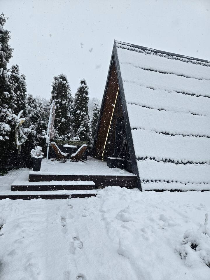 A-frame cabin side exterior in snowy landscape